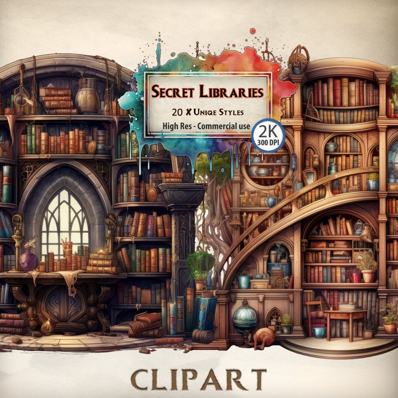 Secret Library Clipart: Fantasy Bookshelves, Hidden Rooms (PNG Files ...