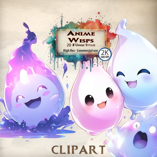 Wisp Clipart anime Stil Sprites Kinder Cartoon Grafiken Fantasy Märchen Kreaturen Magie PNG Illustrationen transparenten Hintergrund