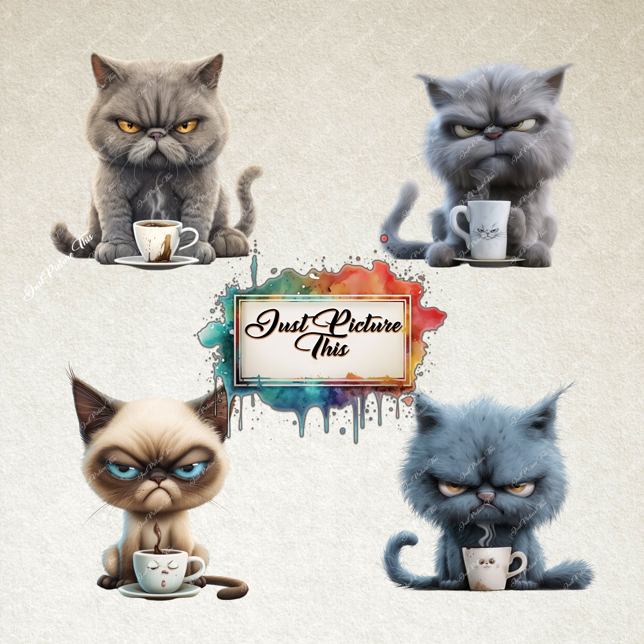 Paquete de imágenes prediseñadas de gatos gruñones: divertidas  ilustraciones felinas PNG (descarga digital) - Etsy México, image size:2048x2048