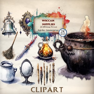 May include: A watercolour illustration of Wiccan supplies, including a bell, broom, dagger, potion bottle, cauldron, mirror, and candles. The image features text that reads "Wiccan Supplies, 20 Unique Styles, High Res - Commercial use" and "Clipart".