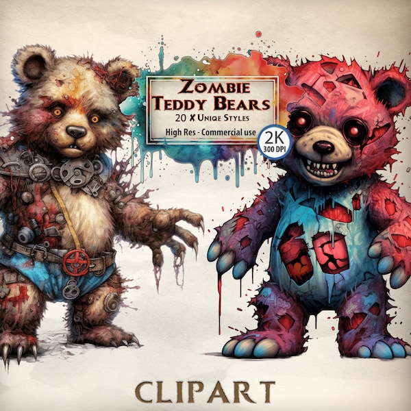 Teddy Bear Clipart Zombie Cute Toy Halloween Illustrations Playful Monster Graphics Spooky Themed creepy Undead PNG Transparent