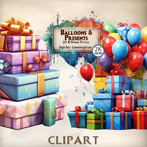 Clipart de globos Gráficos de regalos para niños Ilustraciones de tarjetas de imágenes prediseñadas de cumpleaños y baby shower Papel de regalo colorido y globos PNG