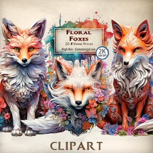 Floral Fuchs Clipart Blumen und Füchse Natur inspiriert Cottagecore Grafik Wald Tier botanische Motive ländliche Themen Kunstwerk