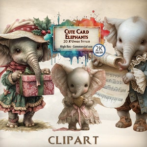 Cute Card Elephants Clipart Bundle: Adorable Elephant Illustrations for Invitations, Greeting Cards, and Scrapbooking - Digital Download