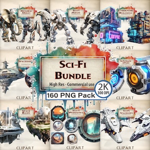 Paquete de imágenes prediseñadas de ciencia ficción Paquete de gráficos masivos Imágenes prediseñadas de animales Mechs Robots Cyberpunk Construcción de naves espaciales Cajas PNG Bases espaciales Accesorios para ventanas