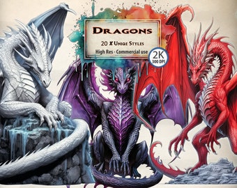 Watercolor Fantasy Dragon Clipart Bundle: Mythical PNG Illustrations