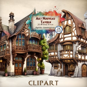 Art Nouveau Tavern Clipart: Medieval Fantasy Pubs (PNG, Commercial Use)
