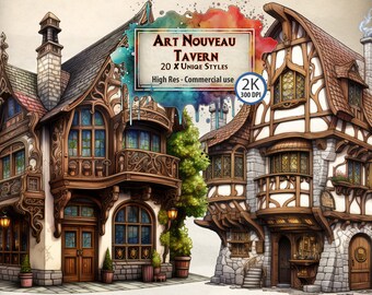 Art Nouveau Tavern Clipart: Medieval Fantasy Pubs (PNG, Commercial Use)