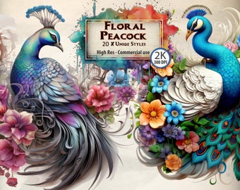 Clipart paon floral : oiseaux et fleurs colorés PNG Graphics