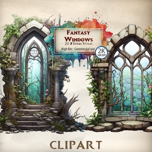 May include: A digital clipart set of 20 fantasy windows in various styles. The windows are set in stone archways with vines and foliage growing around them. The windows are made of stained glass with intricate designs. The text on the image reads "Fantasy Windows 20 x Unique Styles High Res - Commercial use 2K 300 DPI CLIPART".