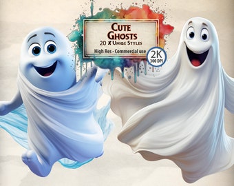 Paquete de imágenes prediseñadas de fantasmas adorables, gráficos PNG de Halloween (descarga digital)