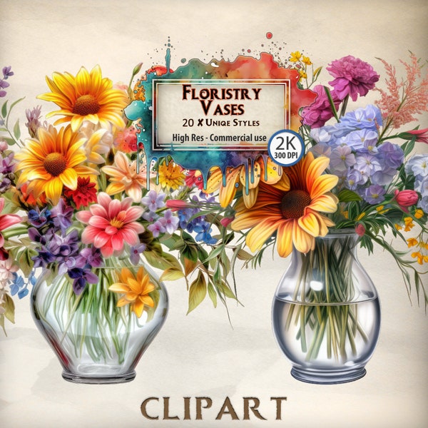 Floristry Clipart: Flower Vases Templates - Summer Clipart Illustrations - Vibrant Colourful Wild Flower Graphics - Meadow Flowers PNG