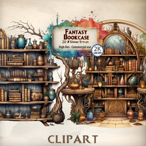 Clipart z fantastyczną biblioteczką: Biblioteka czarodziejów, magiczne książki (pliki PNG)