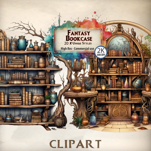 Bookcase Clipart Fantasy Books Wizard Library Clipart Fairy Tale Bookcase Illustrations Filled with Magical Books PNG Transparent Files