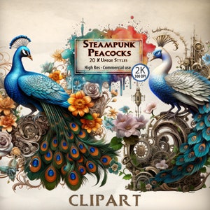 Steampunk Peacock Clipart Mechanical Bird Card Vintage Graphics Steam Era Floral Flower Illustraties Victoriaanse metalen illustraties PNG