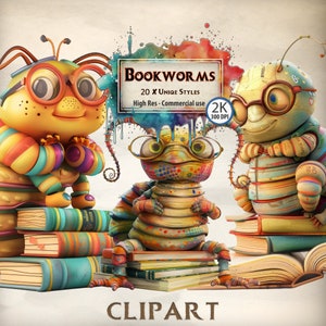 Bücherwurm Würmer Clipart Bundle: Verspielte Illustrationen für Lehrprojekte, Bibliothek Dekor und Leseanreize - Digitaler Download