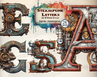 Steampunk iniciales iluminadas Clipart Bundle Alfabeto inglés completo Engranajes Ilustración Fantasía Novela RusticClipart PNG Descarga de archivos