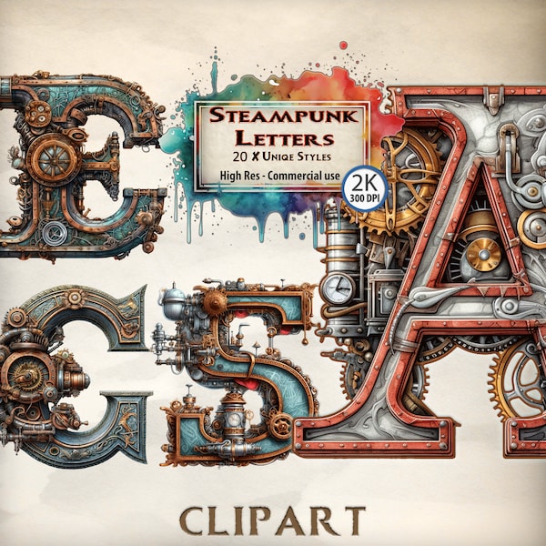 Ensemble de cliparts Steampunk illuminés Alphabet anglais complet engrenages rouages Illustration roman fantastique rustiqueClipart téléchargement fichier PNG