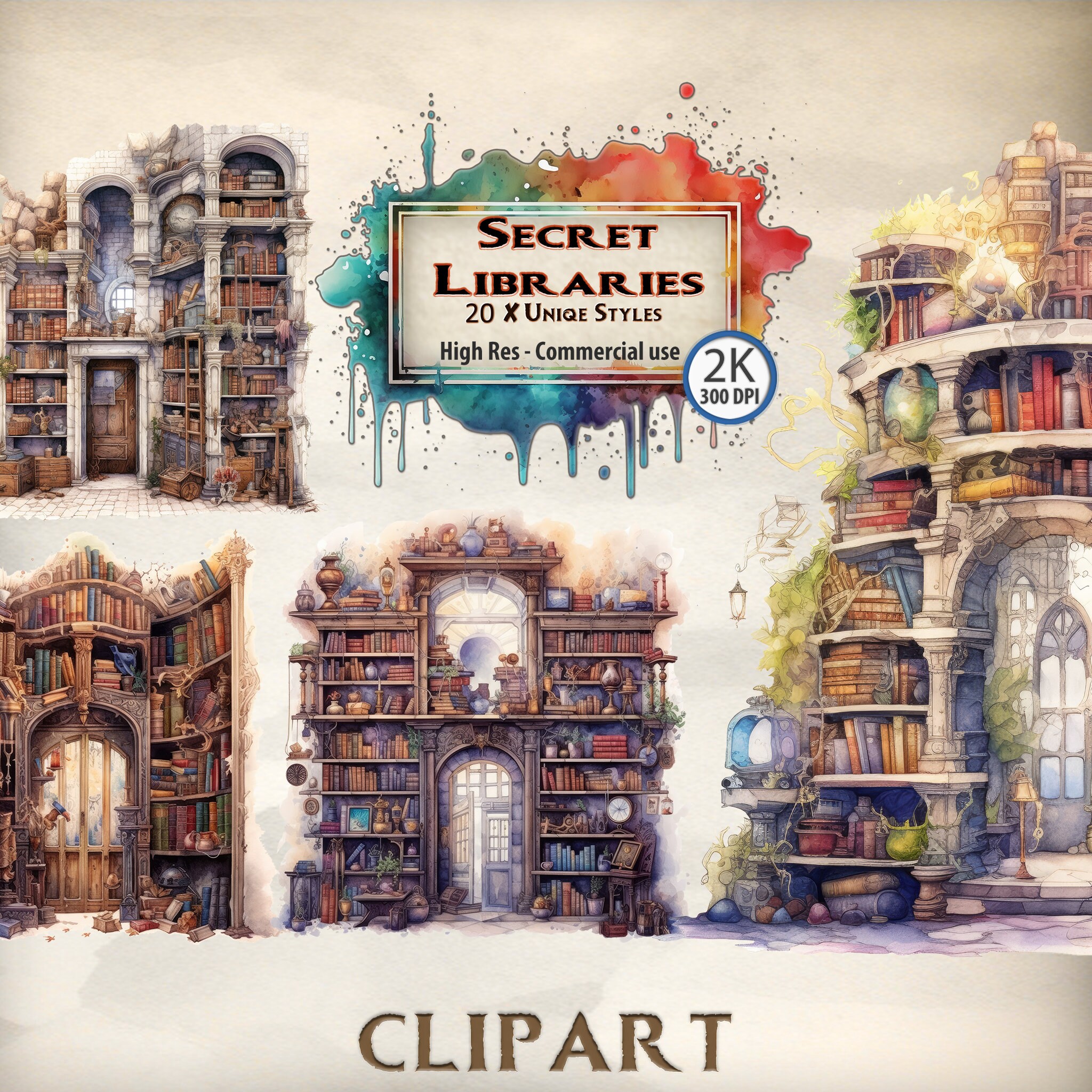 Secret Reading Clipart: Library, Detective, Vintage Watercolor (PNG)