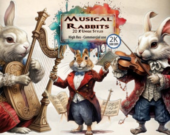 Music clipart musical rabbit clipart bundle bunnies big rabbits dressed vintage clothes bunny illustration rabbit lover gift musical