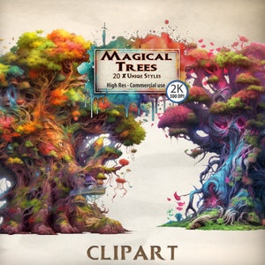 Tree Clipart Magical Fantasy Trees foresta incantata grafica illustrazioni di boschi mistici fiaba a tema PNG trasparente