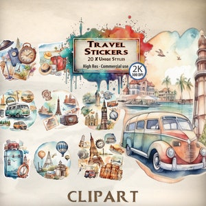 Watercolor Travel Clipart: Suitcase Stickers, Vacation Art (PNG)