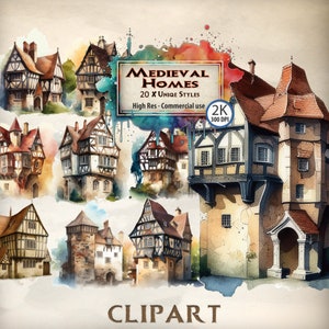 Watercolor Medieval House Clipart: Cottage Illustrations (PNG, Digital Download)