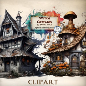 Witch Cottage Clipart: Halloween Spooky Homes (PNG Files)