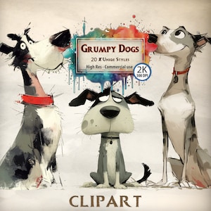 Paquete de imágenes prediseñadas de Grumpy Dogs: Ilustraciones caninas cómicas para proyectos humorísticos, tarjetas de felicitación y decoración con temática de mascotas - Descarga digital