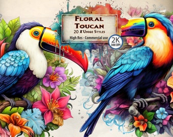 Floral Toucan Clipart: Tropical Bird PNG Graphics (Digital Download)