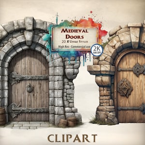 Paquete de imágenes prediseñadas de puertas medievales Puerta de madera de fantasía Diseño gráfico Entrada de mazmorra RPG Edad oscura Estilizada Ilustraciones PNG Transparente