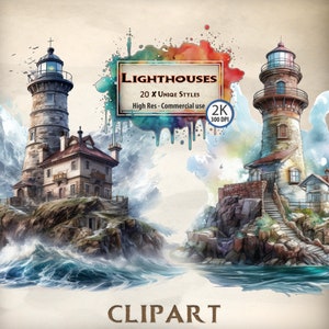Faro Clipart Vintage Lighthouse Clipart - Diseño gráfico náutico - Ilustraciones digitales con temática oceánica Novela de fantasía marina