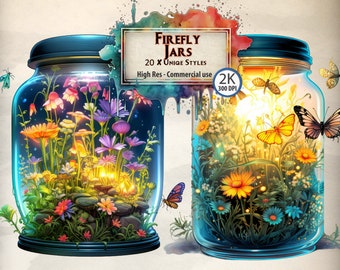 Firefly Jar Clipart: Floral Fairy Lights, Meadow Flowers (PNG Graphics)