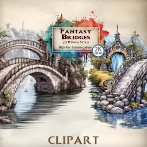 Puente Clipart Fantasy Bridges Clipart Bundle Estilo medieval Cuento de hadas Puentes sobre el arroyo Piedra Arco de madera Torre Río