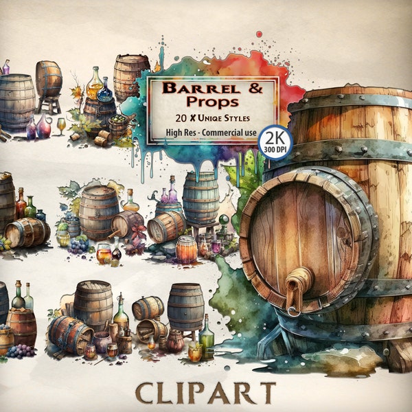 Barrel clipart medieval clipart bundle watercolor fantasy wooden whisky barrel wedding bourbon summer oak beer props wine garden decor
