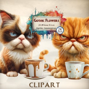 Lot de cliparts chats grincheux : illustrations humoristiques de félins pour des projets amusants, des cartes de voeux et la création de mèmes - téléchargement numérique