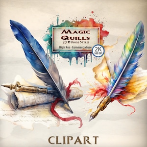 Magic Quill Clipart Fantasy Quill Perkament snel schrijven pen artwork betoverde scripts aquarel graphics mystieke papieren boektekst