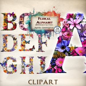 Letras florales Clipart Alfabeto iluminado Gráficos Fuentes de flores Alfabeto inglés Ilustración de mariposas Mariposas florales de lujo PNG