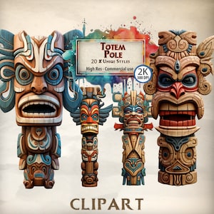 Totem Pole Clipart Grafica stilizzata nativa americana Pali tribali colorati Intagliato Totem Pole Illustrazioni Motivi nativi tradizionali PNG