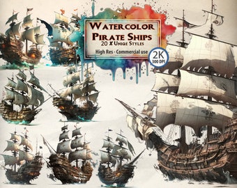Watercolor Pirate Ship Fantasy Vintage Boat ClipArt Bundle Pirate Skull and Crossbones Junk Journal Scrapbook PNG File Transparent Download