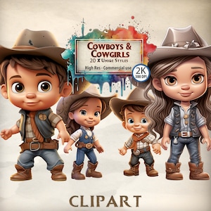 Cowboy Clipart Children's Western Themed Graphics boy & Cowgirl Party Wild West Cute Character Illustrations PNG Transparent Clipart Bundle