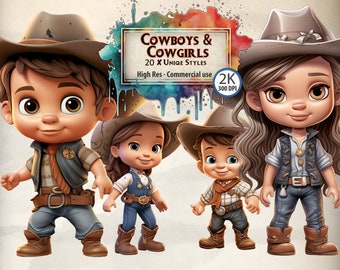 Cowboy Clipart Children&#39;s Western Themed Graphics boy & Cowgirl Party Wild West Cute Character Illustrations PNG Transparent Clipart Bundle