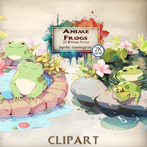 Frosch Clipart Japanischer Anime Stil Cartoon Teiche Seerosenblatt Illustrationen Print on Demand Kröte Grafiken Natur inspiriert Wasser Amphibien