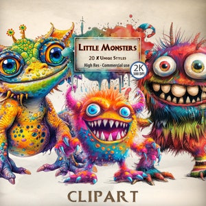 Pacchetto clipart Little Monsters: illustrazioni di mostri carini e dispettosi per progetti per bambini, decorazioni per feste e lavori creativi