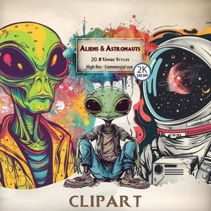 Aliens Astronauts Clipart Bundle: Space Adventure, Extraterrestrial Beings, Cosmic Explorers Graphics - Perfect for Kids & Sci-Fi Projects