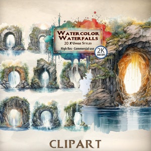 Watercolor Waterfall Entrance Clipart: Fantasy Landscape PNG (Digital Download)