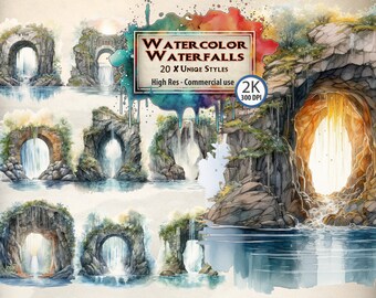 Watercolor Waterfall Entrance Clipart: Fantasy Landscape PNG (Digital Download)