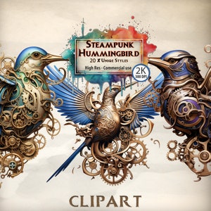 Steampunk Hummingbird Clipart Mecânico Pássaro Gráficos Engrenagens Voadoras Vitoriano Vintage Steam Card Ilustrações Metal Engrenagens Pássaro em Vôo