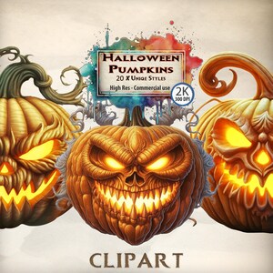May include: Three Halloween pumpkin clip art images. The pumpkins are orange with scary faces and glowing eyes. The text "HALLOWEEN PUMPKINS 20 x UNIQUE STYLES High Res - Commercial use 2K 300 DPI CLIPART" is on the image.
