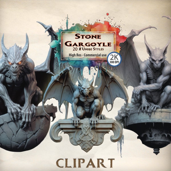 Gargoyle Clipart Stone Demon Church Statue Graphics PNG Gothic Style Horror Illustrations Fantasy Flying Supernatural Guardian